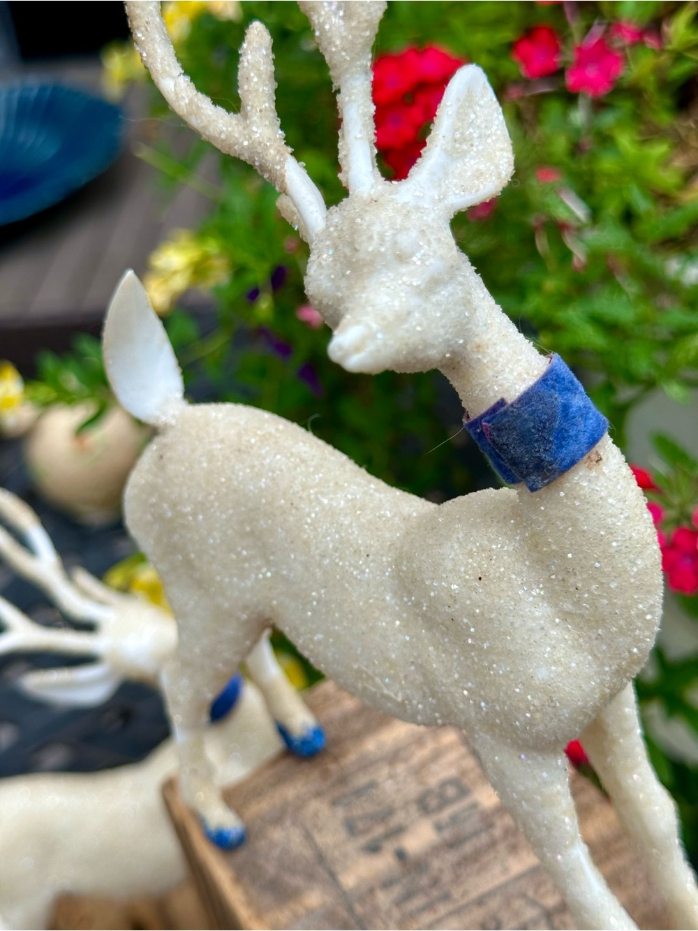 Vintage Retro Glitter Reindeer Deer Set of 3 Blue Velvet Christmas Decor - Picture 6 of 8